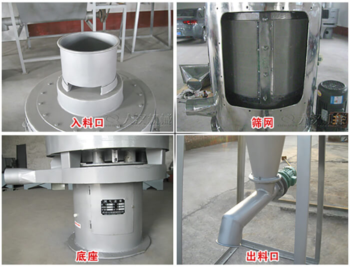 氣流篩部件展示：入料口，篩網，底座，出料口等。