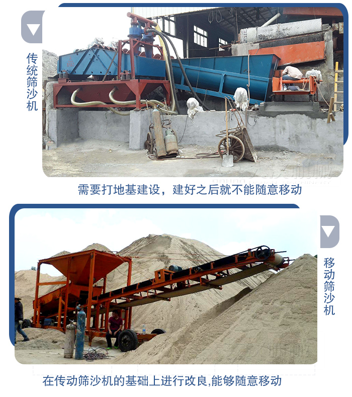 移動的篩沙機在安裝前需要打地基，而固定完畢后就不能隨意的移動，而移動篩沙機不需要打地并且隨時能夠進行移動。
